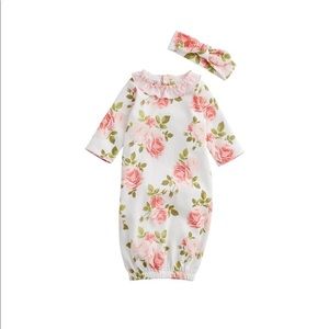Never worn MudPie rose baby gown size 0-3 months with matching head band